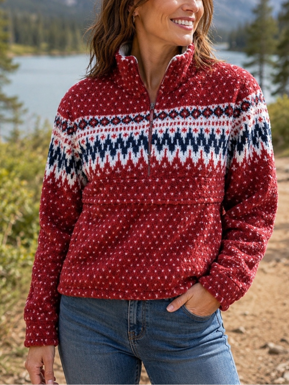 L.L.Bean Nordic Fair Isle Sherpa Fleece Pullover Women’s Small Red 1/4 Zip Cozy